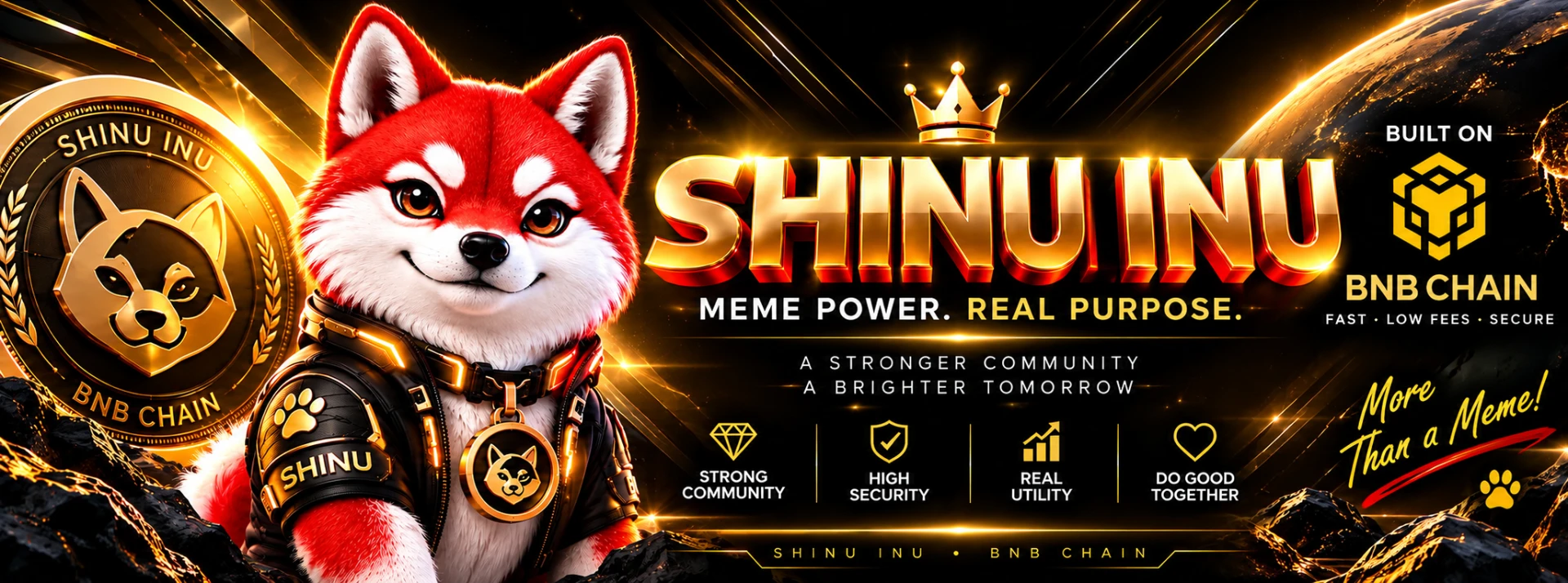 SHINU INU — red and gold mascot. Meme power. Real purpose. Built on BNB Chain.
